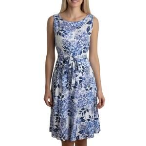 Laura Ashley Japan Sleeveless Belted Dress White Blue Floral A-Line Size 11